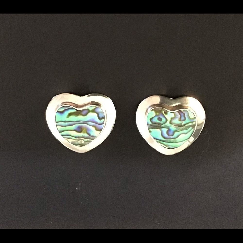Vintage Sajen Abalone Inlaid Paua Shell Heart Clip On Earrings in 925 Sterling - Picture 5 of 6